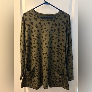 Zenana- Olive Green Long Sleeve with Leopard - With Front Pockets- XL